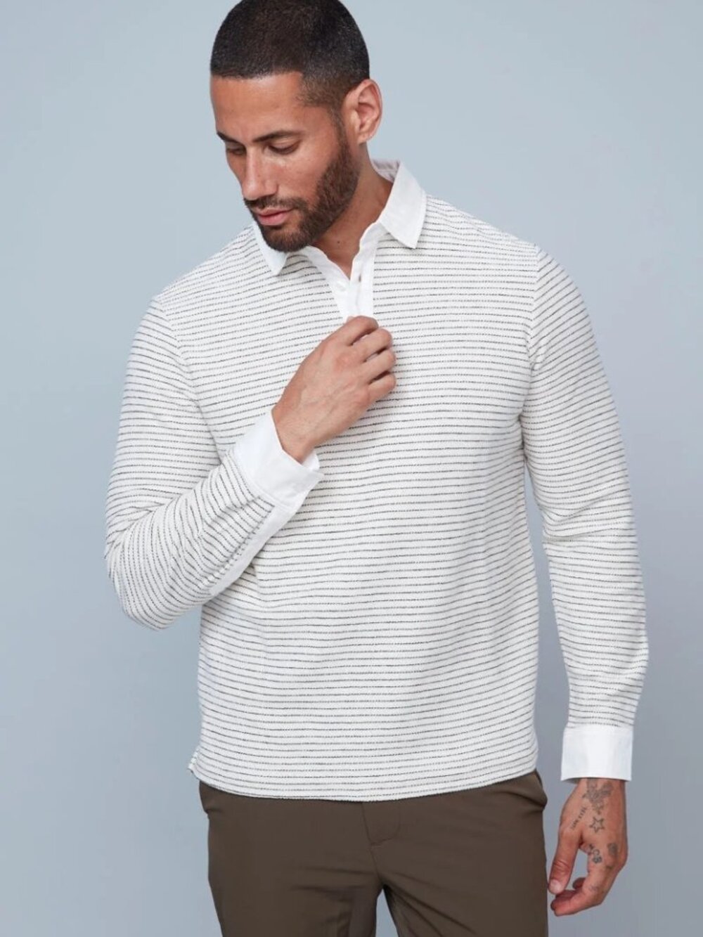 HEDGE Dusty Cream with Black Striped Knit Polo/54389